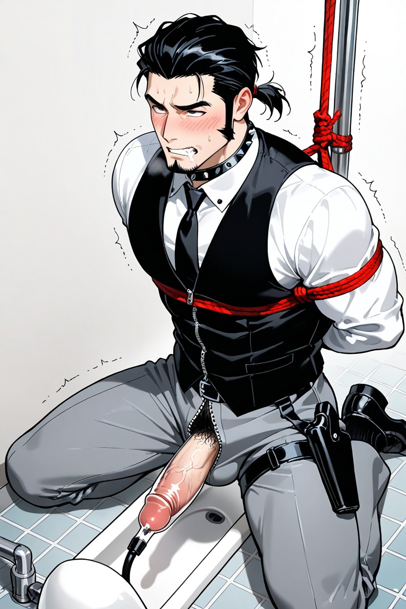 Black Goatee, Kneeling With Legs Spread Apart, Sperm Collecting Milking Device Attached To The Side Of The Bathroom Stall AI Gay Porn