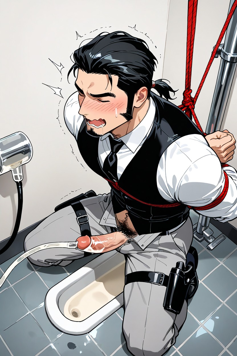 Mutton Chops Side Burns Facial Hair, Black Goatee, Cumming In Squat Toilet AI Gay Porn