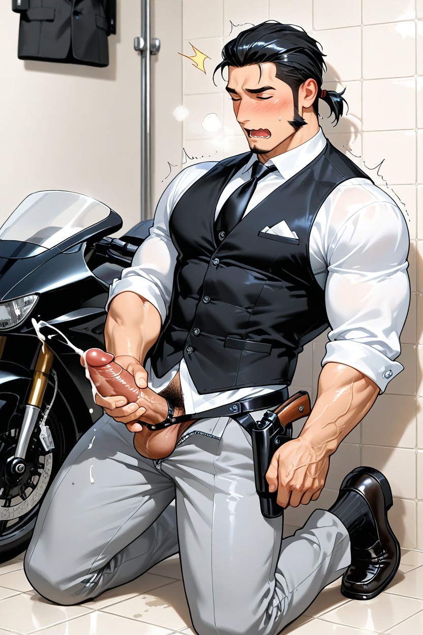 Black Hair, Shaking, Black Waistcoat Vest AI Gay Porn