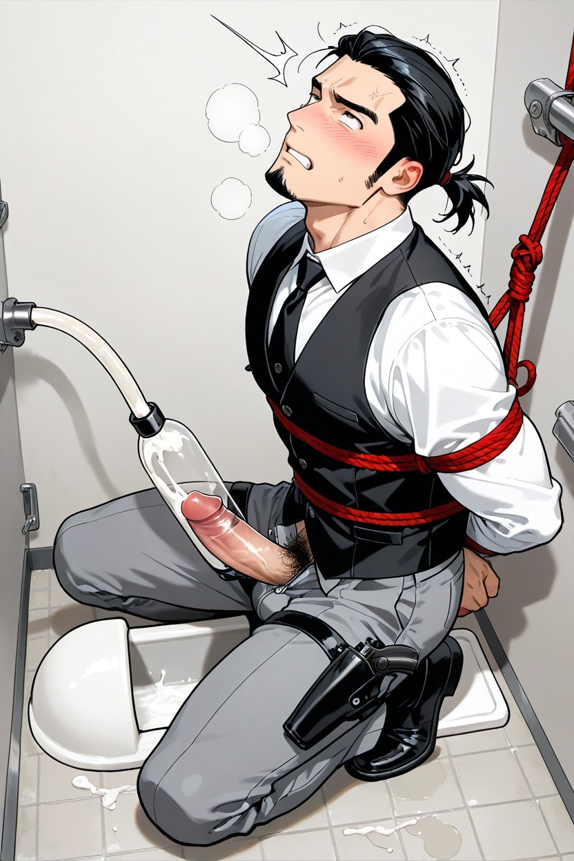 Solo, Hairy Sideburns, Cumming In Squat Toilet AI Gay Porn