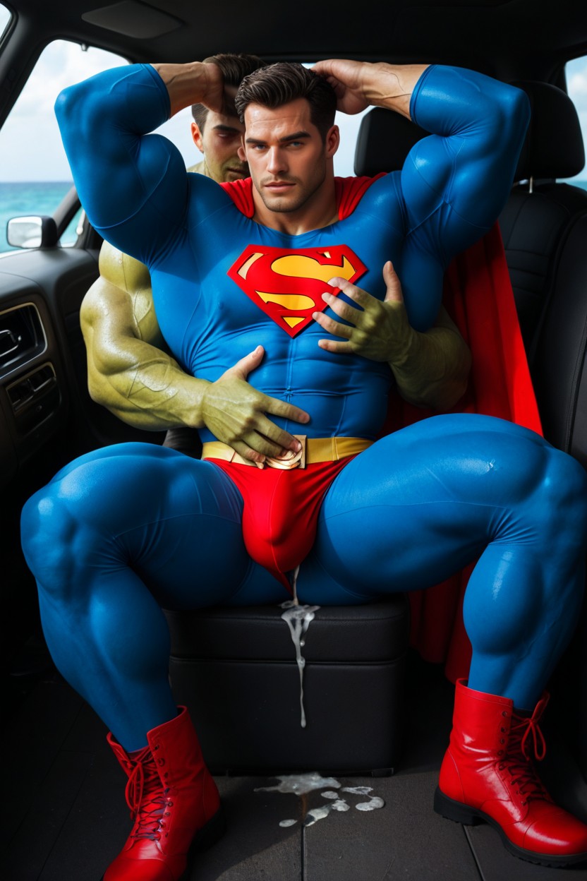 Legs Spread Open, Handsome, Blue Shirt With S Logo AI Gay Porn