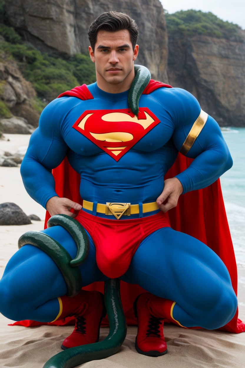 Superman Has Raging Erection Inside Red Briefs, Yellow Belt, Legs Spread Open AI Gay Porn