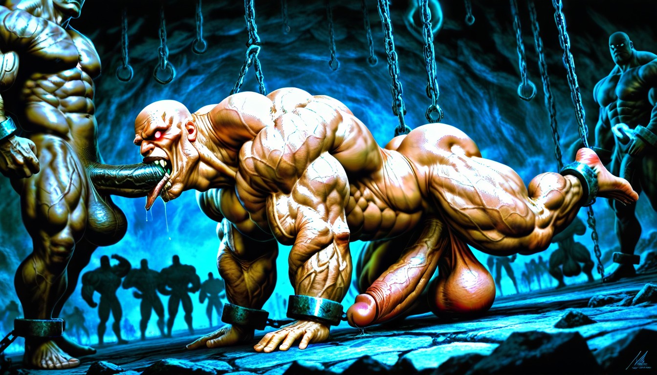 Shackles On Ankles, Exposed Muscle Thighs, Dark Tanned Skin AI Gay Porn