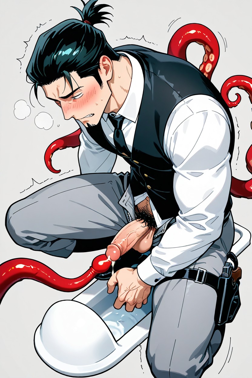 Black Tie, Japanese Style Squat Toilet, Wearing White Button Up Shirt AI Gay Porn