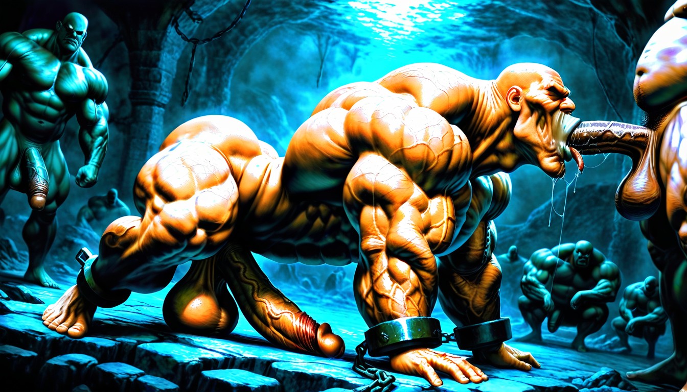 Bodybuilder, Hyper Wide Shoulders, Shackles On Ankles AI Gay Porn