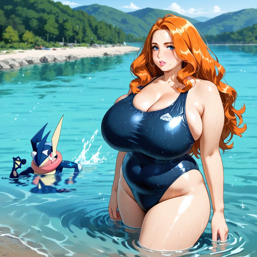 Summer Lakeside Setting, Lake Surface Reflections, Voluptuous Curves AI Gay Porn