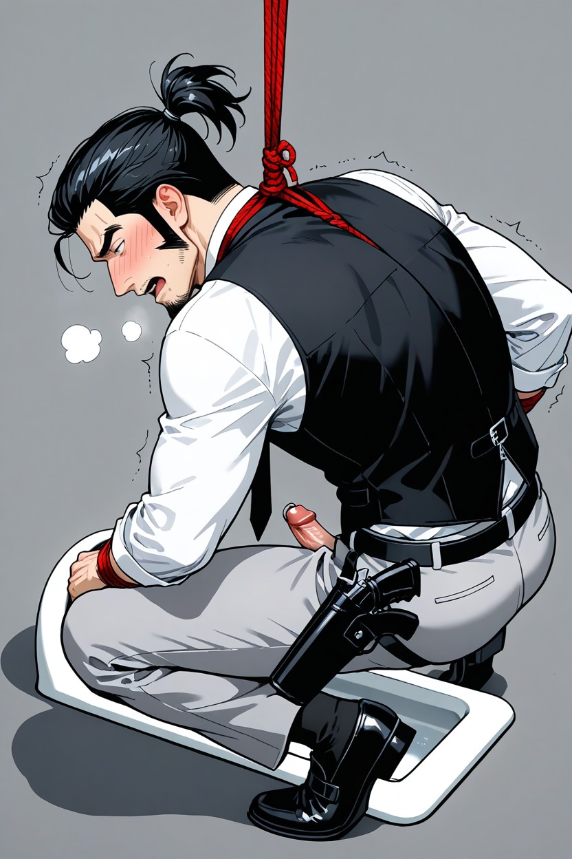 Unzipped Zipper Fly On Pants, Ahegao Face, Black Waistcoat Vest AI Gay Porn