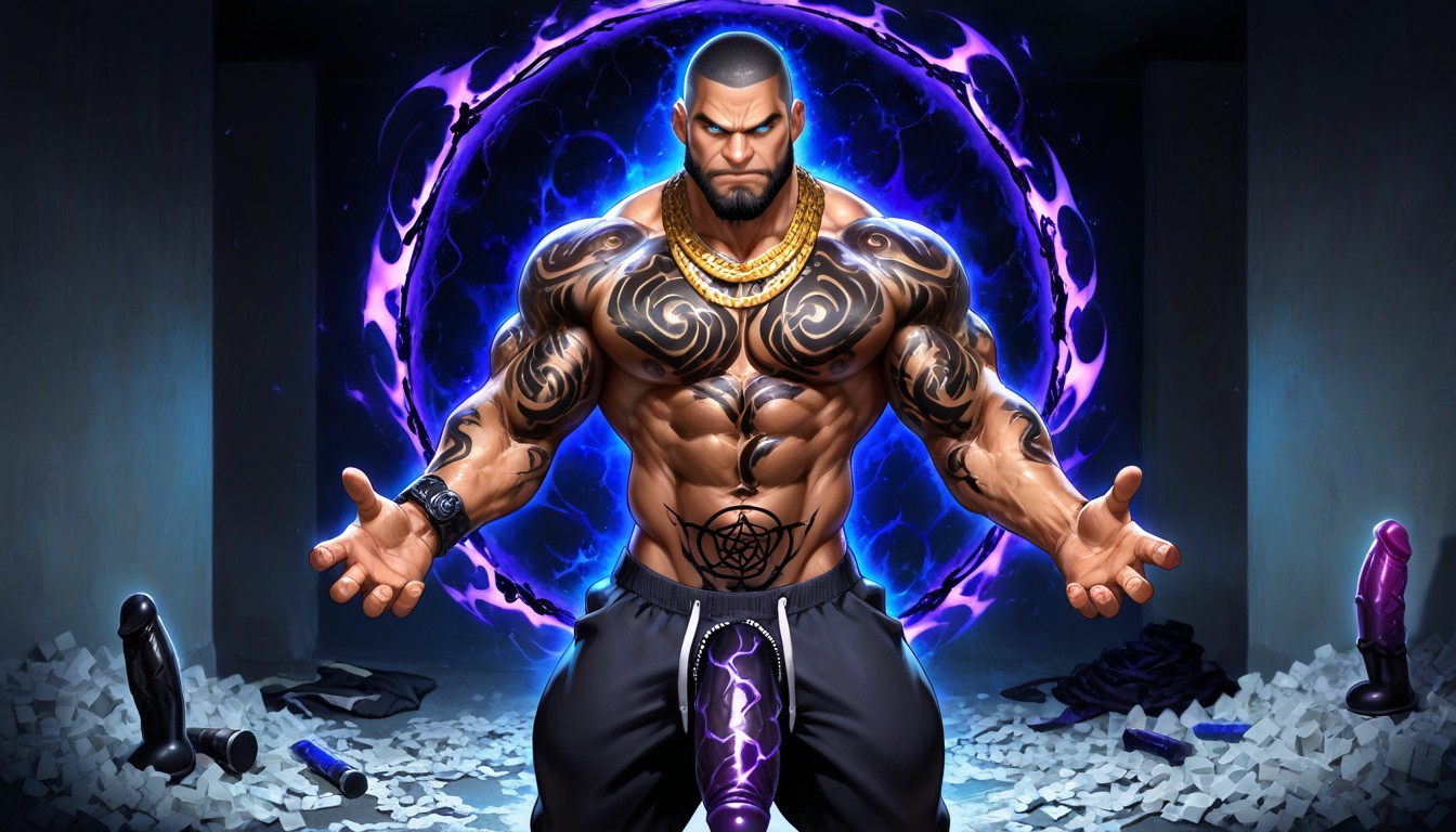Ancient Magic Tattoos, Undressing Through Portal, Pile Of White Powder On Realistic Purple Dildo AI Gay Porn