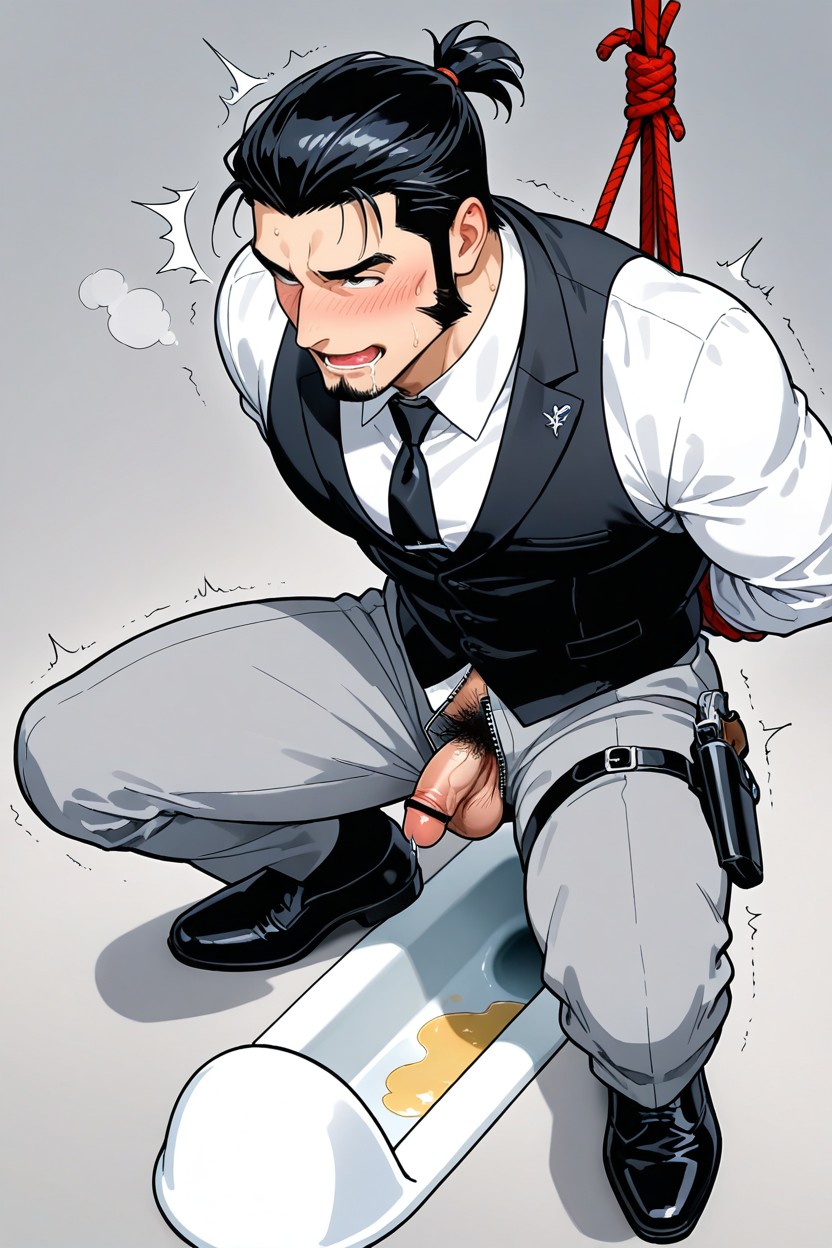 Kneeling With Legs Spread Apart, Shibari, And Grey Office Pants AI Gay Porn