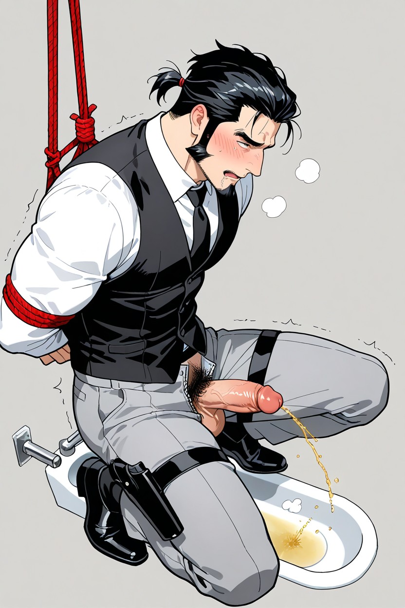 Shaking, Kneeling With Legs Spread Apart, Suspended By Rope From Above AI Gay Porn