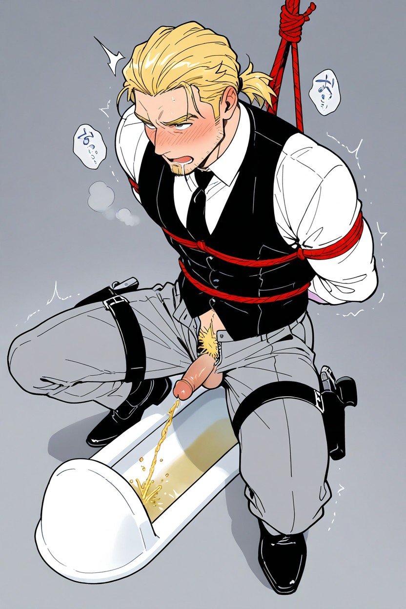 Pissing Into Squat Toilet, Masculine Jawline, Black Tie AI Gay Porn
