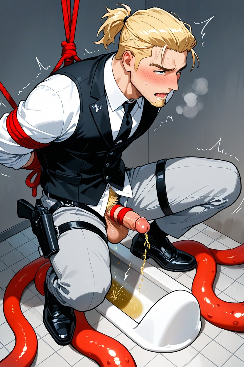 Scandinavian, Slicked Back Ponytail Hairstyle, Wearing White Button Up Shirt AI Gay Porn