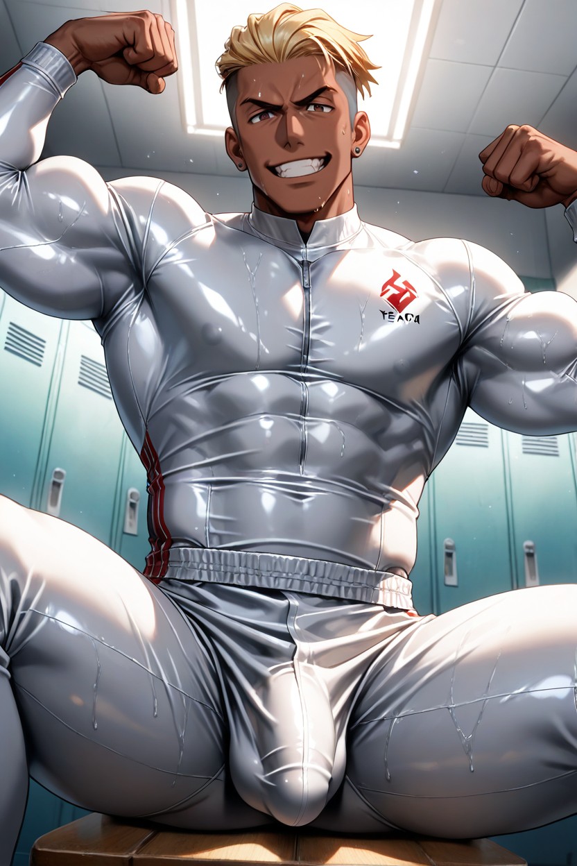 Regular Size Penis Bulge, Transparent White Bodysuit With Long Sleeves, Sweaty AI Gay Porn