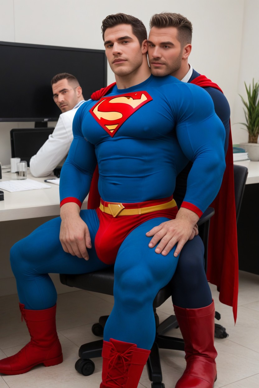 Superman Has Raging Erection Inside Red Briefs, One Hand One Groping Each Pec, Lying On Red Cape AI Gay Porn