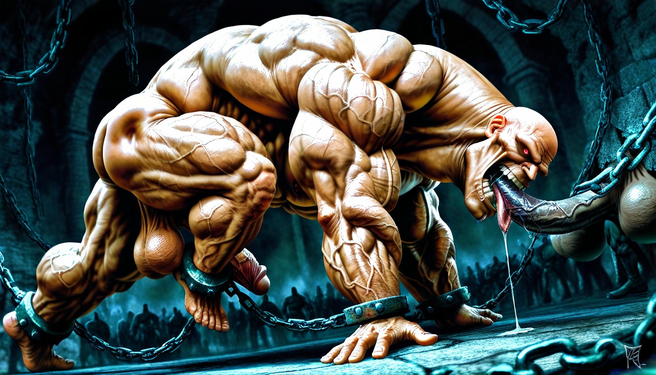 Hyper Wide Shoulders, Huge Balls, Bald AI Gay Porn