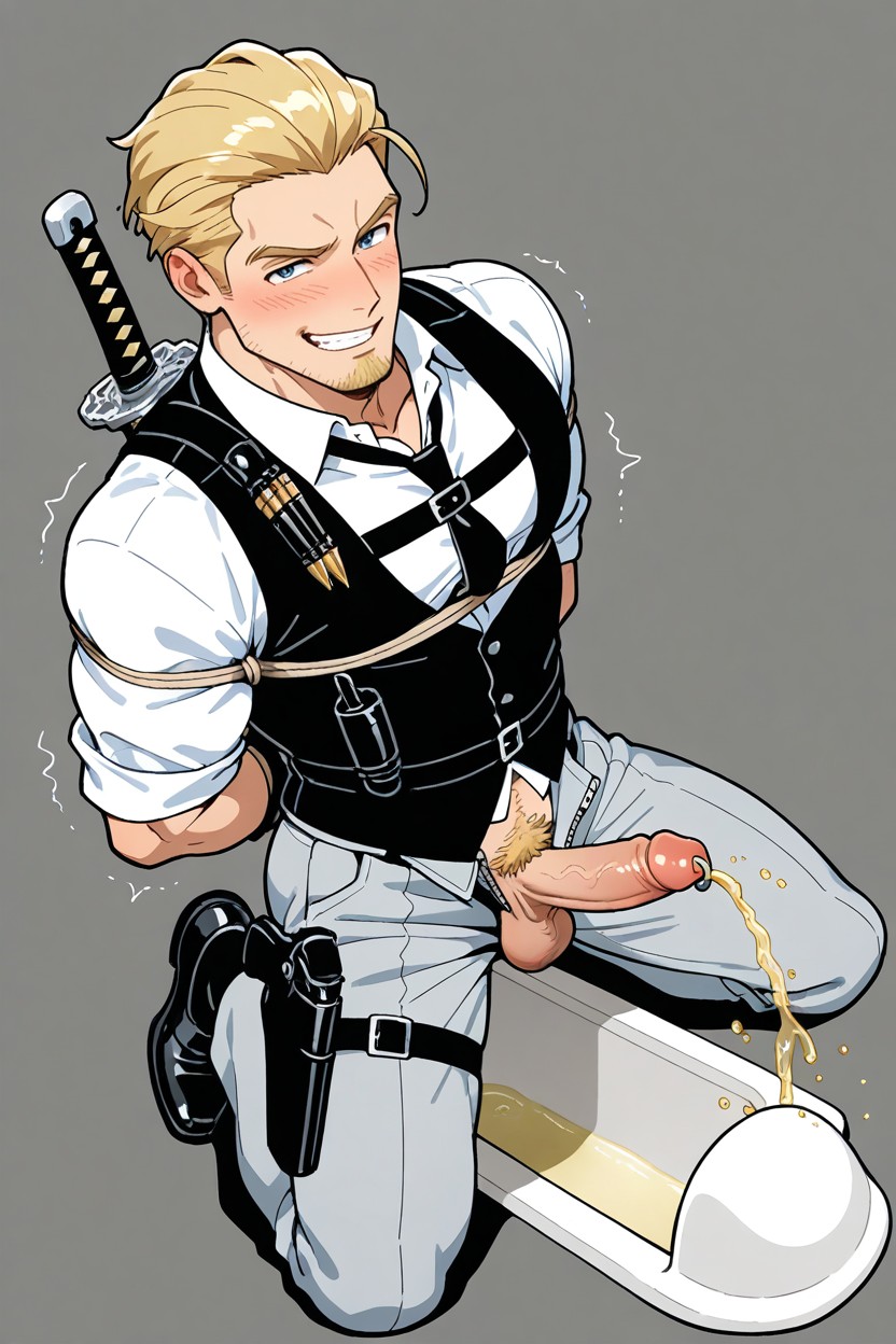 Bandolier Bullet Across His Chest, Scandinavian, Black Smart Dress Shoes AI Gay Porn