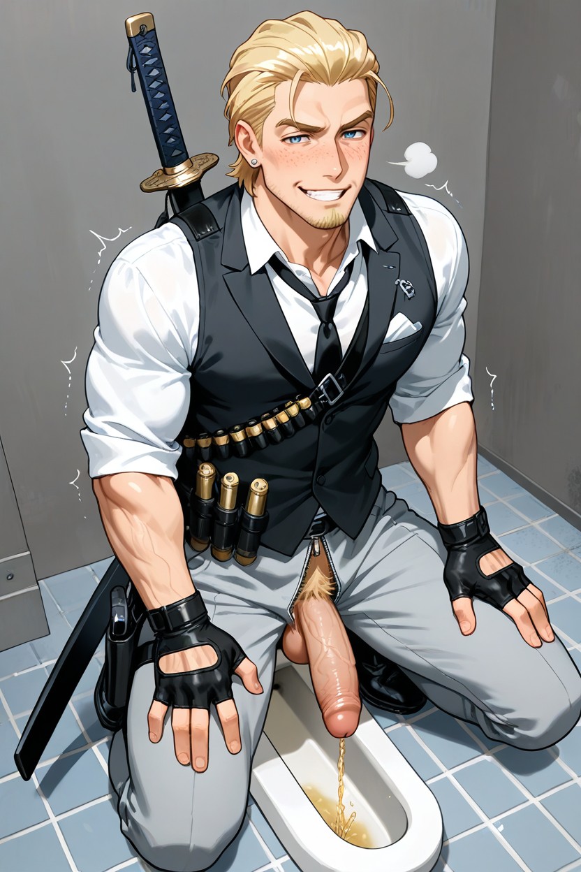 Katana Sword On His Back With Strap, Bandolier Bullet Chest Harness, Blonde Beard Stubble Facial Hair And Blonde Goatee AI Gay Porn