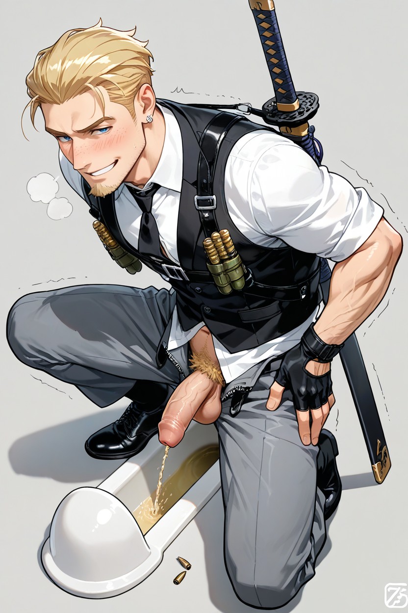 Bullet Chest Strap, And Grey Office Pants, Suspended By Rope From Above AI Gay Porn