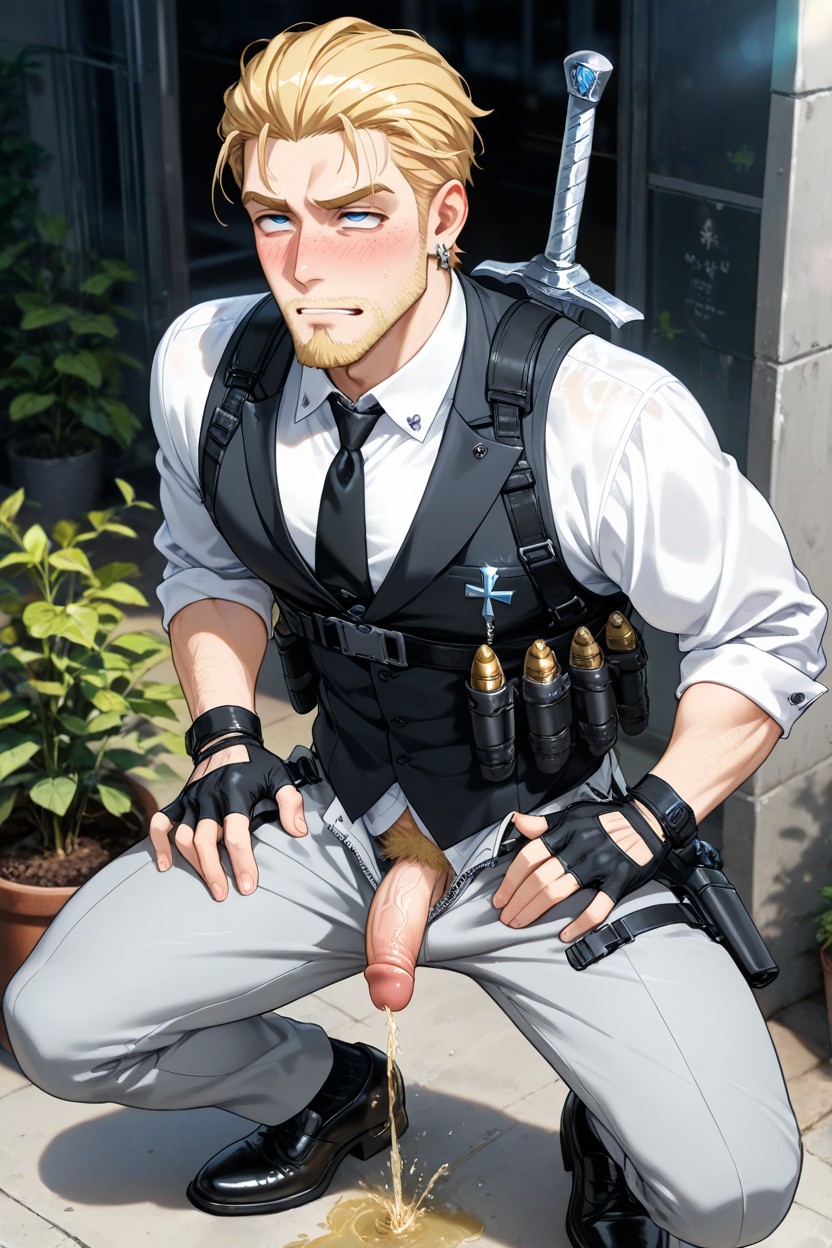 Chiseled Jawline, Black Nylon Smart Dress Socks, Black Waistcoat Vest AI Gay Porn