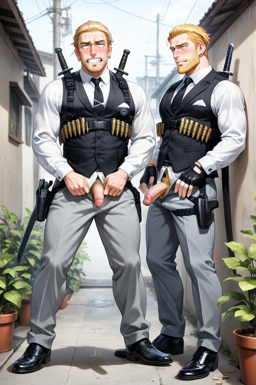 Black Tie, Bullet Chest Strap, Sword Strapped To His Back Porno IA Gay