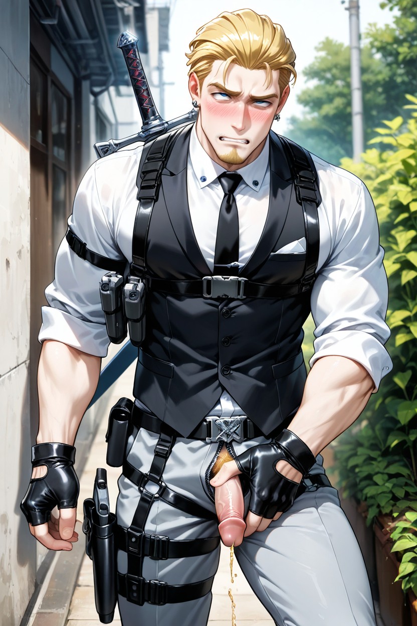 Big Stream Of Piss Coming Out Of His Penis, Bullet Chest Strap, Sword Strapped To His Back AI Gay Porn