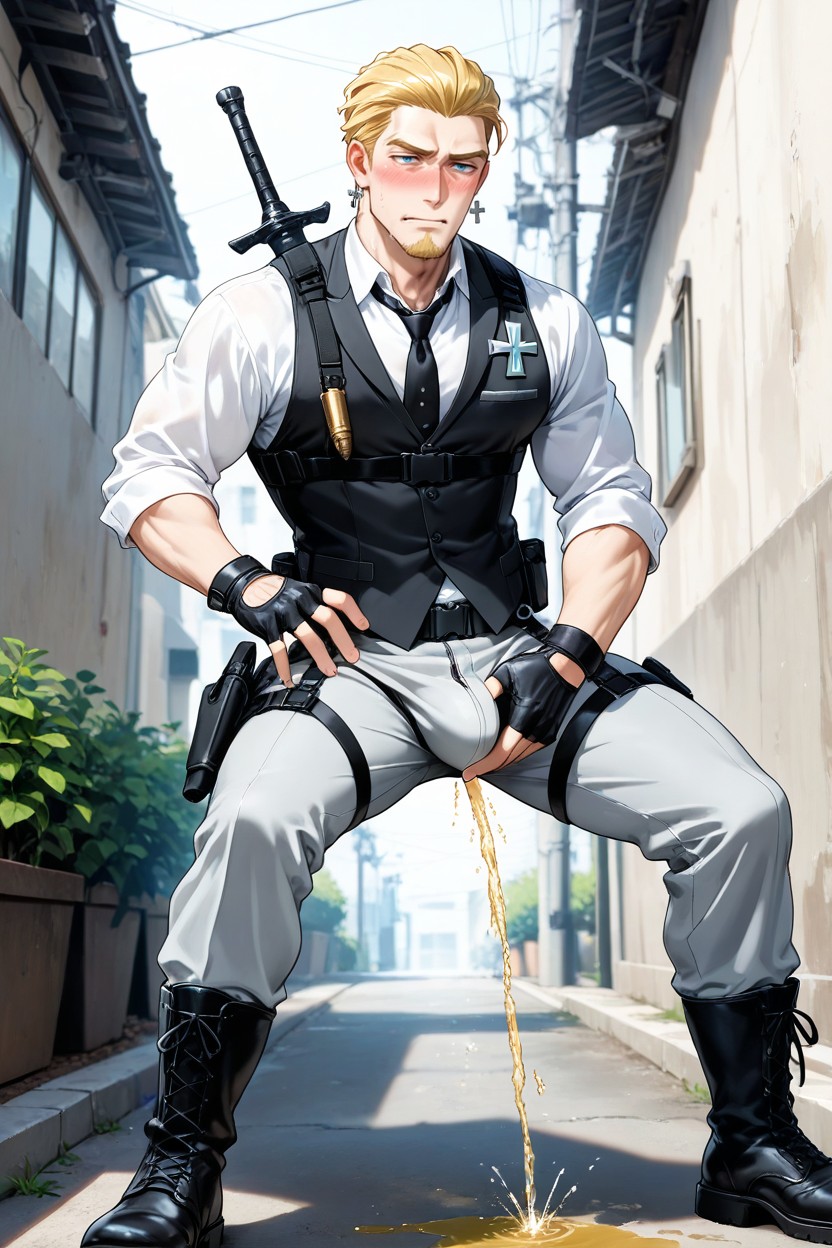 Big Stream Of Piss Coming Out Of His Penis, Standing With Legs Spread Apart, Black Waistcoat Vest AI Gay Porn
