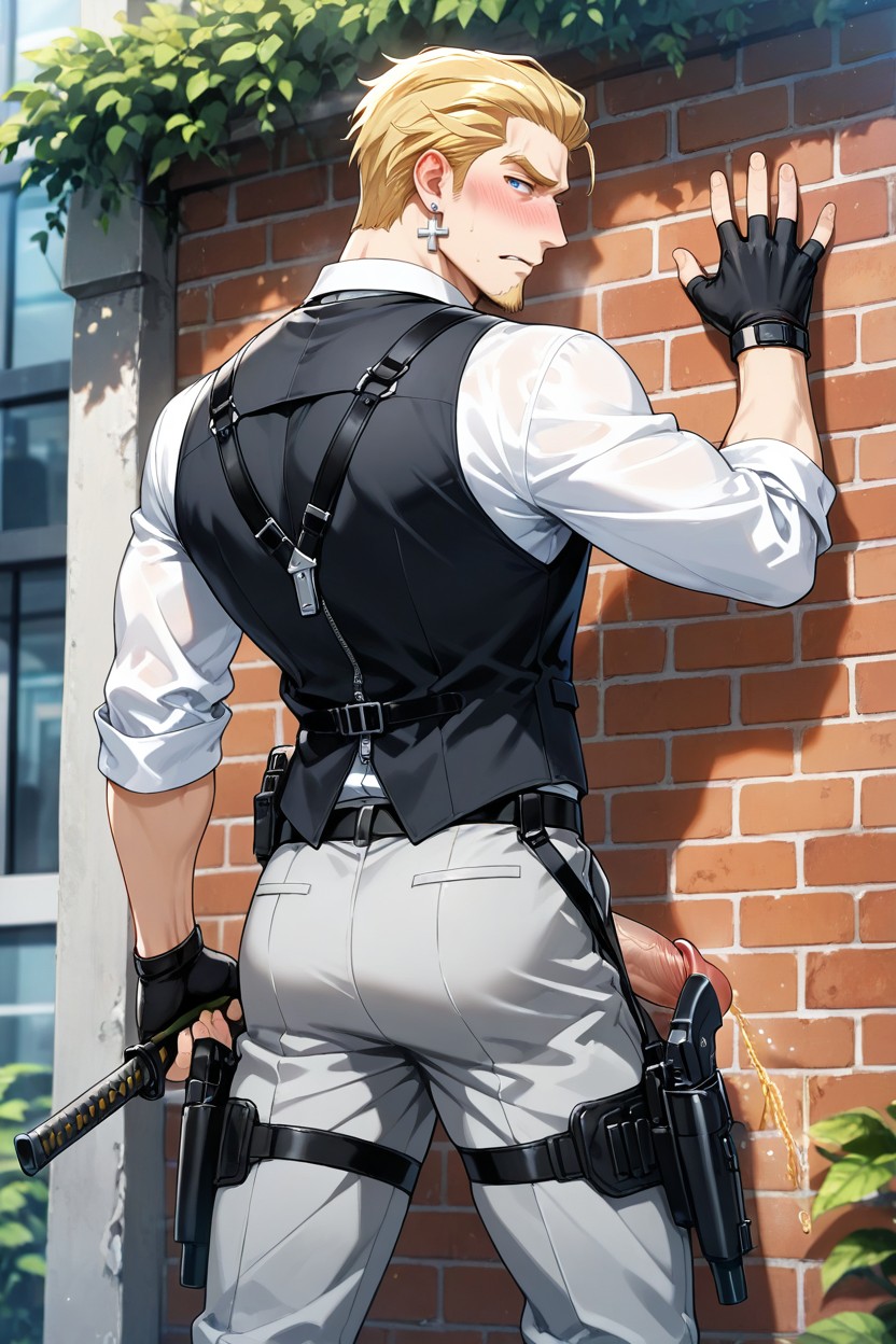 Blonde Pubic Hair, Pale Skin, Sword Strapped To His Back AI Gay Porn
