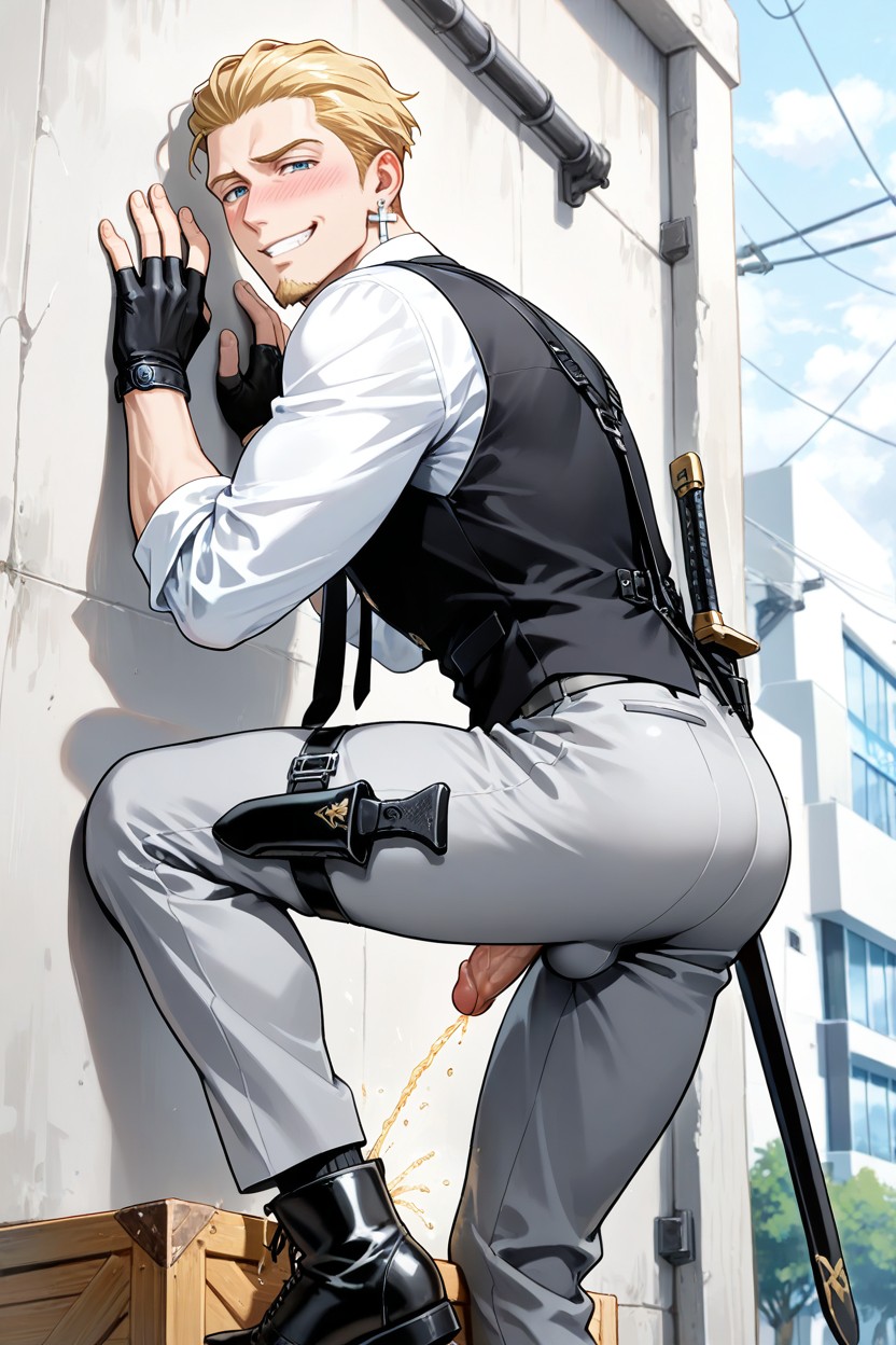Black Sword And Scabbard Strapped To His Back, Blonde Goatee, Pequeño Porno gay IA