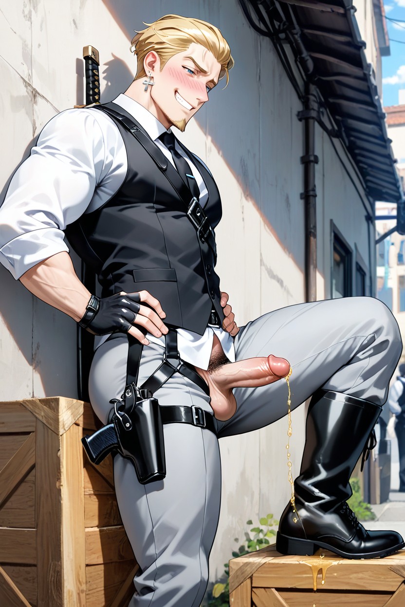 25+, Black Waistcoat Vest, Smug Expression AI Gay Porn