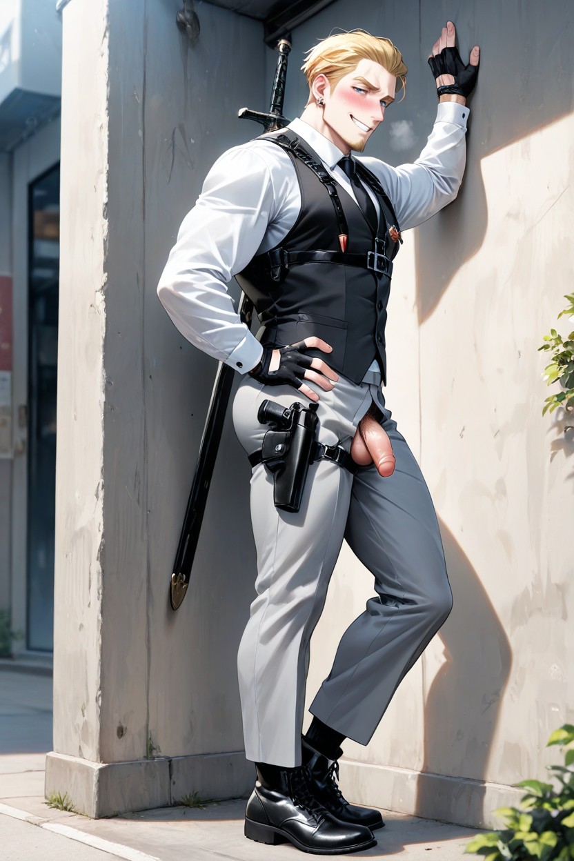 Side View, Desperate Piss, Against A Wall With Left Leg Bent With His Foot On The Wall Posing AI Gay Porn