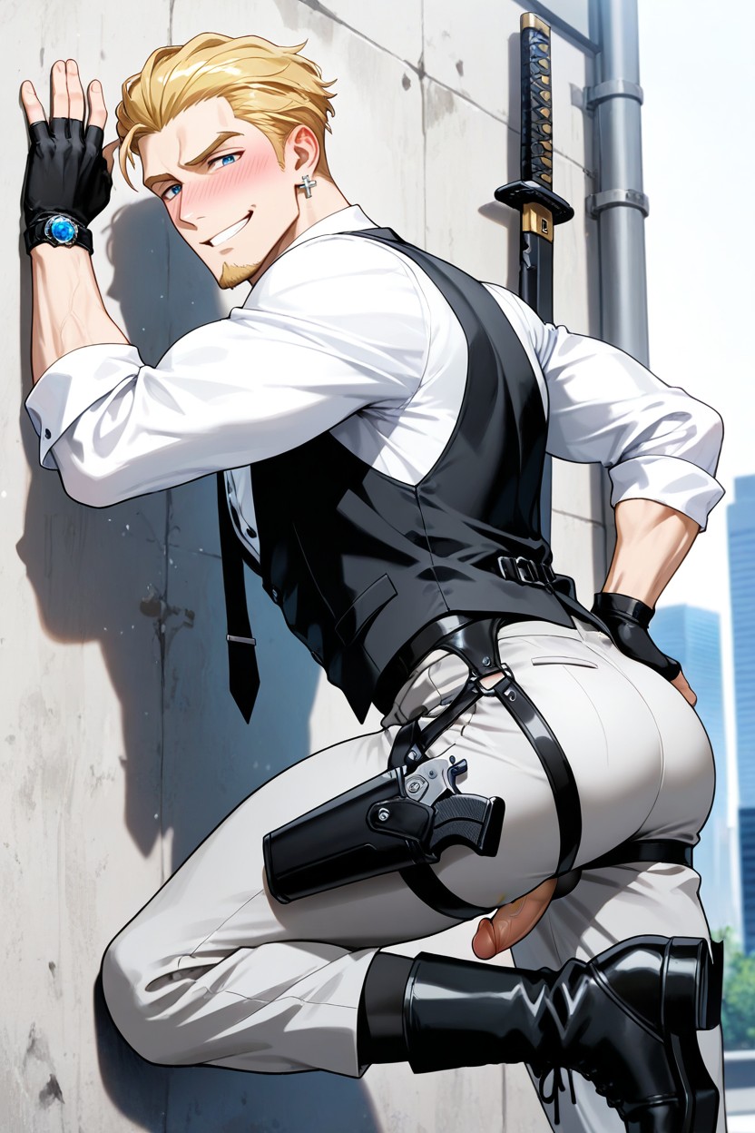 Side View, Blushing, Slicked Back Fade Hairstyle AI Gay Porn