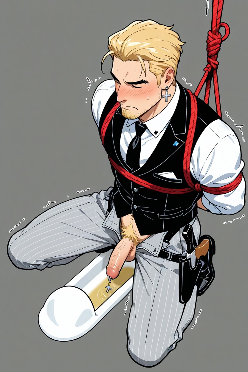 Black Waistcoat Vest, Black Nylon Smart Dress Socks, Pissing Into Squat Toilet AI Gay Porn