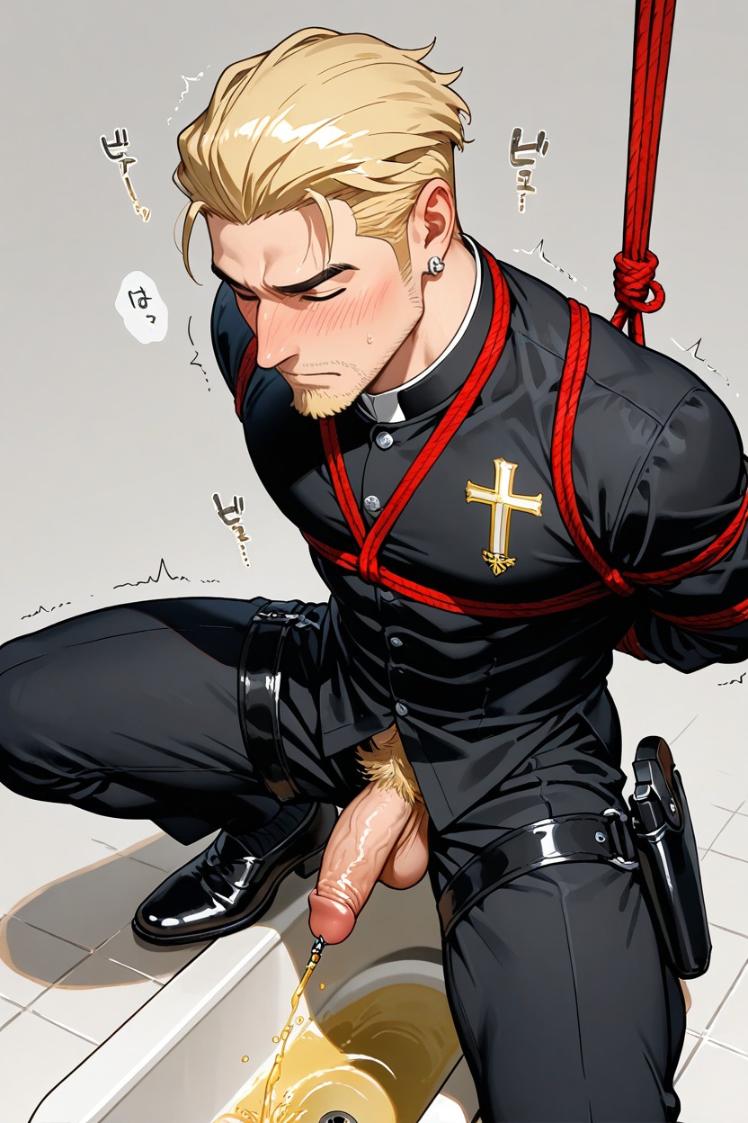 Desperate Piss, Side View, White Priest Collar AI Gay Porn