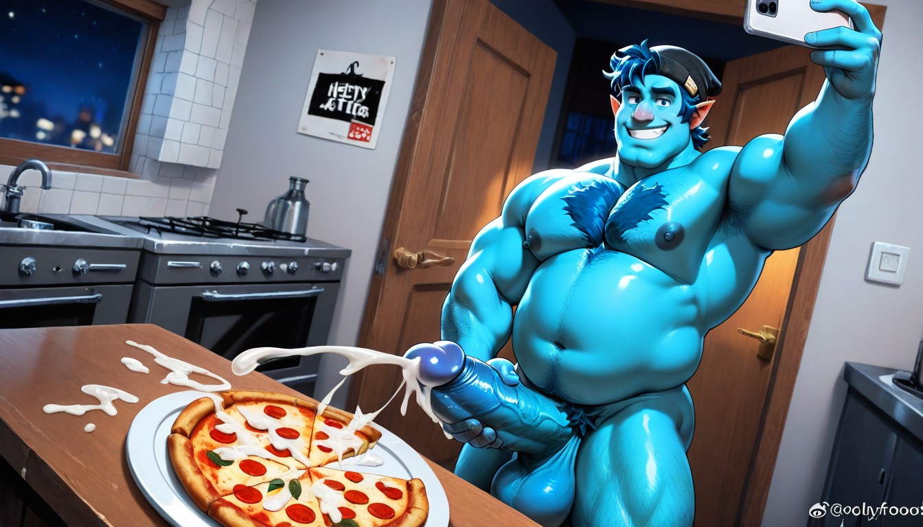 Hyper Large Puddle Of Cum, Wide Chin, Blue Skin AI Gay Porn