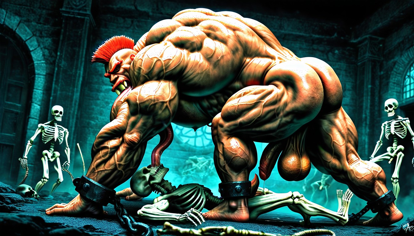 Shackles On Ankles, Hyper Wide Shoulders, Huge Jaw AI Gay Porn