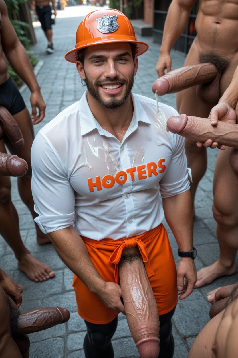 Hyper Uncut Penis Standing Erect, Handsome Manly Bearded Ginger Guy, Outdoors AI Gay Porn