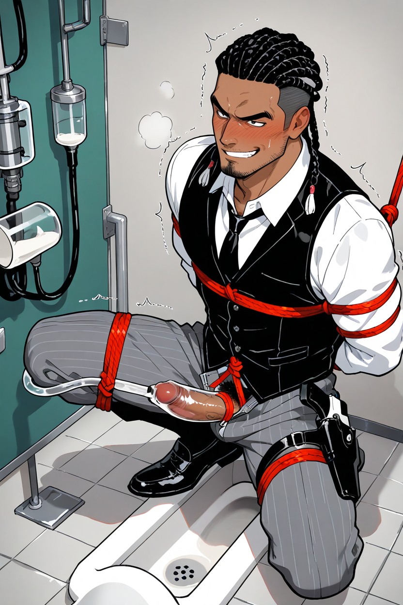 Gun Holster Harness On Thigh, And Grey Pinstripe Office Pants, 18+ AI Gay Porn