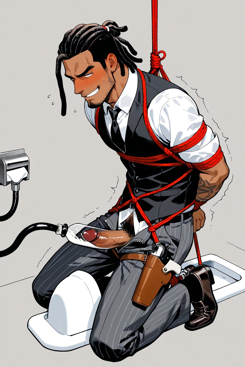 Cum Inside Squat Toilet, Dreadlocks, And Grey Pinstripe Office Pants AI Gay Porn