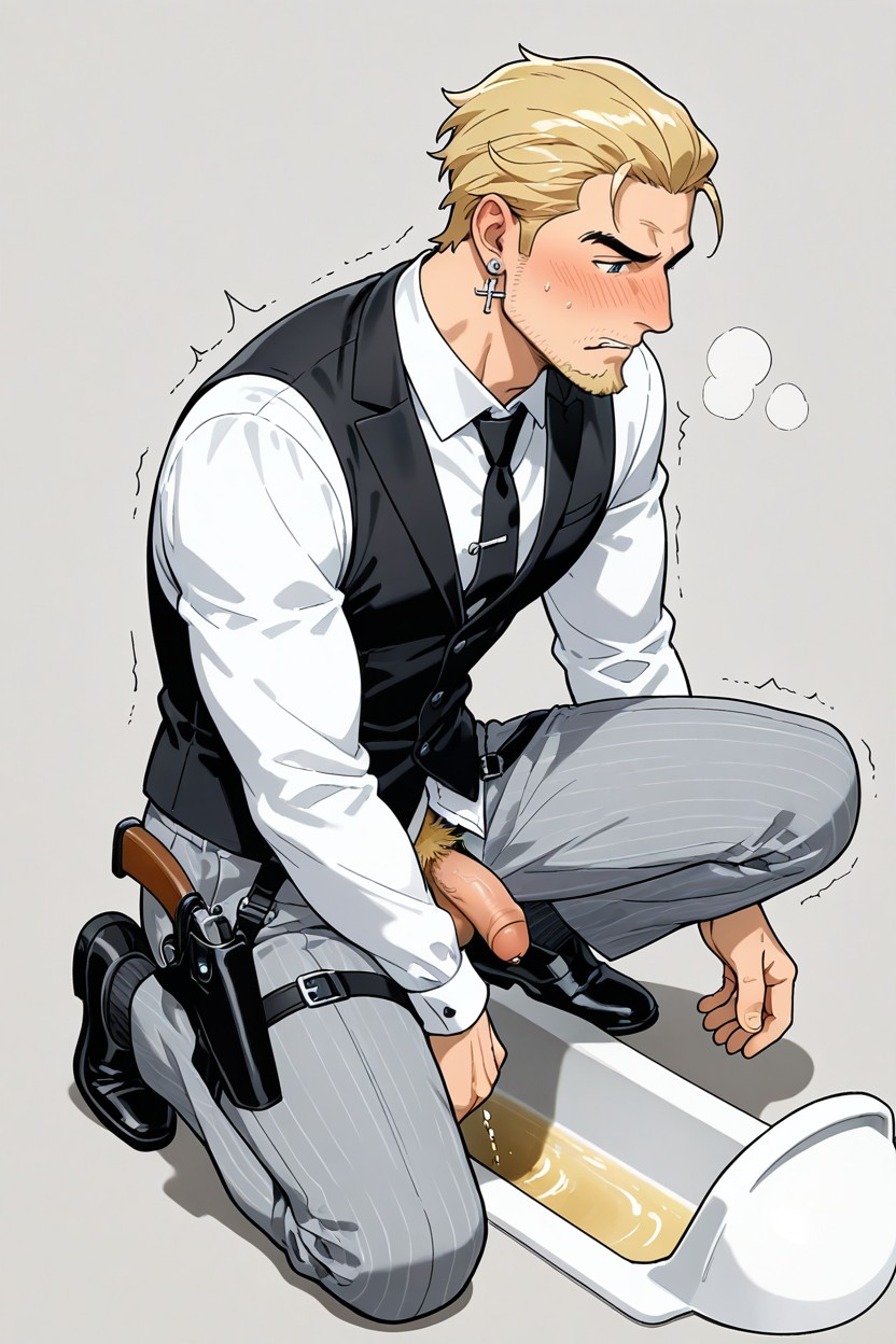 Kneeling With Legs Spread Apart, Blush, Desperate Piss AI Gay Porn