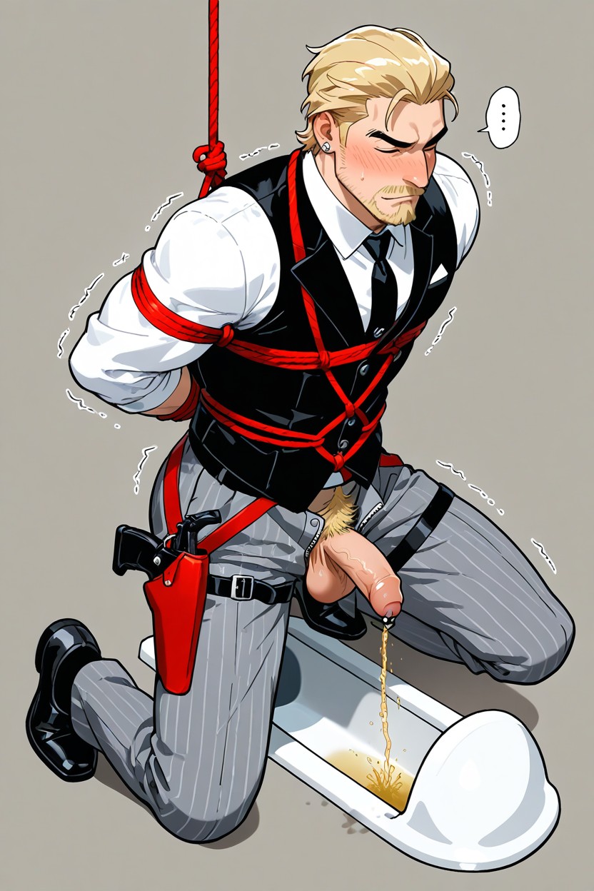 Blush, Slicked Back Fade Hairstyle, And Grey Pinstripe Office Pants AI Gay Porn