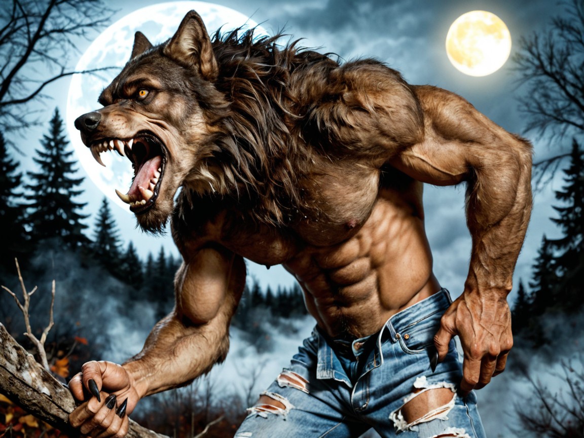 The Werewolf’s Furry Muscular Upper Body Is Oversized, Werewolf Has A Massively Oversized Torso, Wearing Ripped Jeans AI Gay Porn