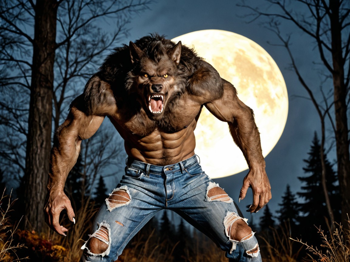 Werewolf’s Fine Fur Showing Contours Of Its Muscles, Elongated Wolflike Upper Body, Intense Yellow Eyes AI Gay Porn