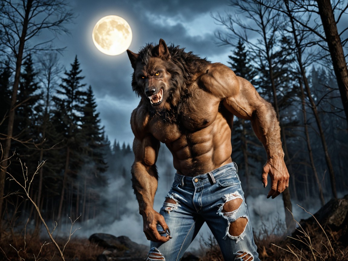Moonlight Pouring Through The Trees, Werewolf Glowering Down At The Viewer, Large Yellow Full Moon In The Night Sky AI Gay Porn