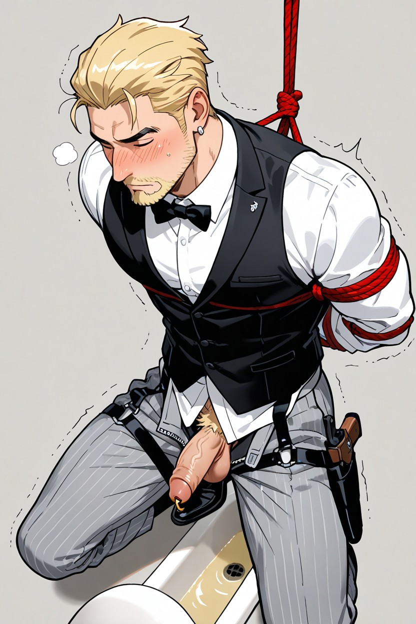 Wearing White Button Up Shirt, Gun Holster Harness On Thigh, Silver Earrings AI Gay Porn