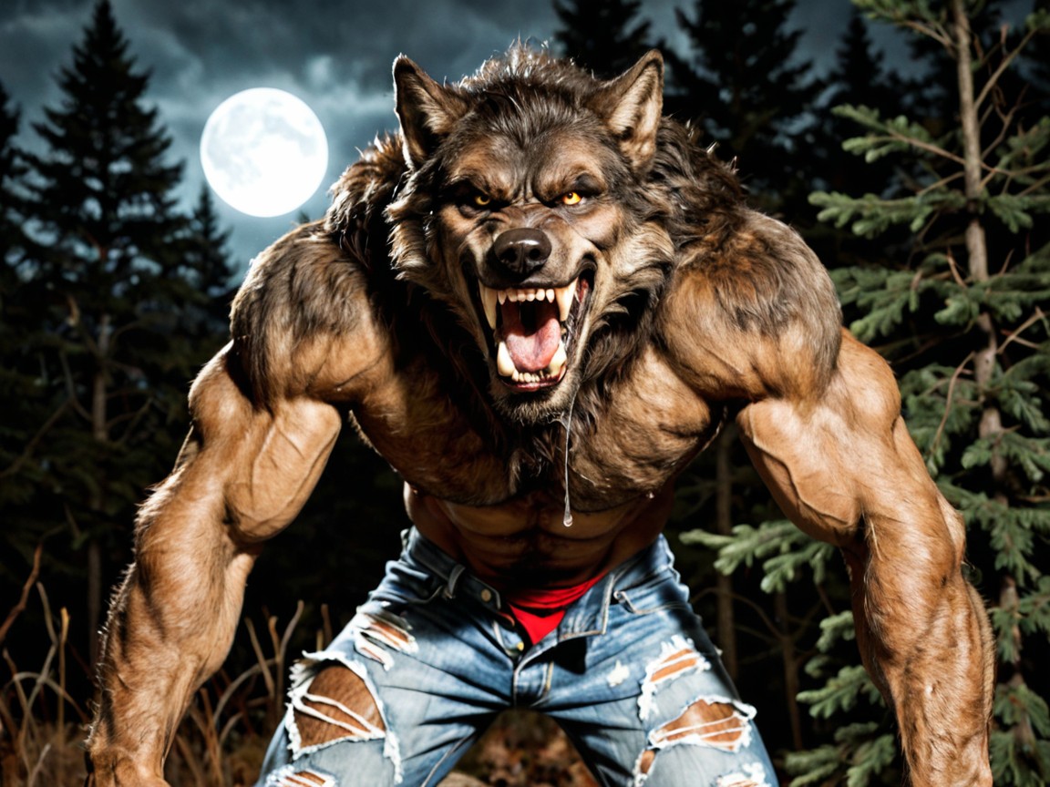 Werewolf Roaring With Mouth Open Aggressively, Detailed Skin Texture, Large Yellow Full Moon In The Night Sky Porno gay IA