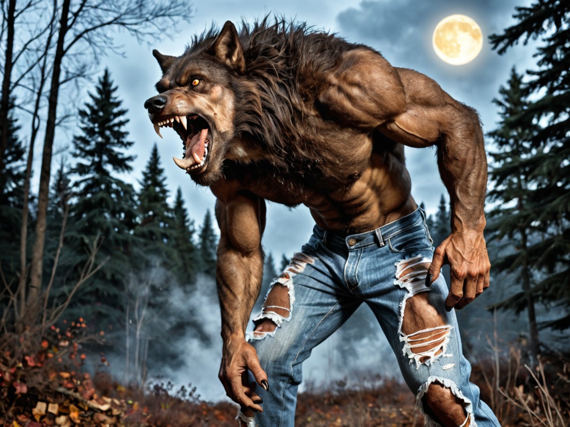 Ultra Fine Photorealistic Detailed Brown Fur Covering The Werewolf’s Wolflike Body, Wide-shot, Desaturated Cool Tones Porno gay IA