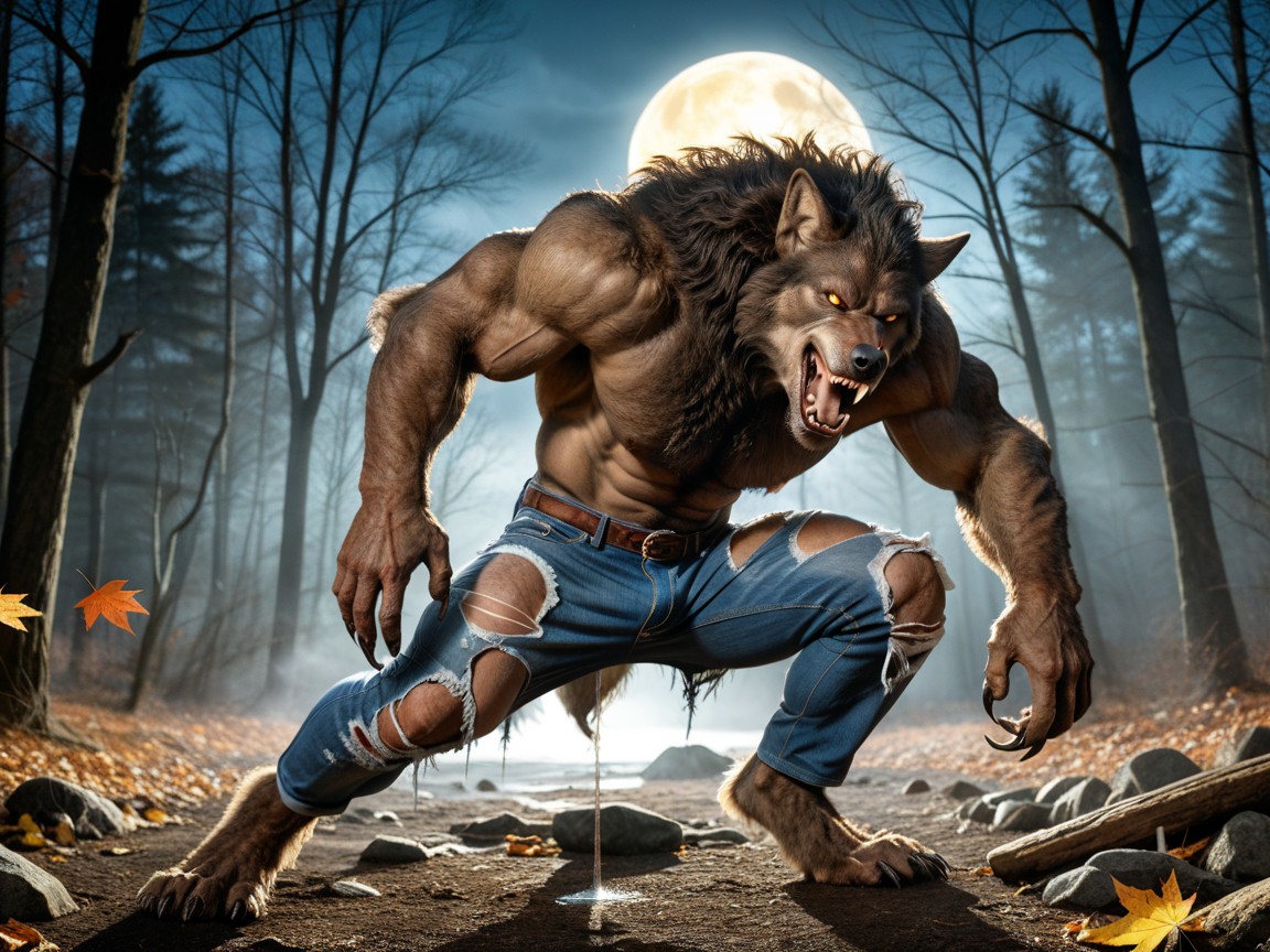 Elongated Tall Wolflike Upper Body, Moonlight Pouring Through The Trees, Large Yellow Full Moon In The Night Sky Porno gay IA