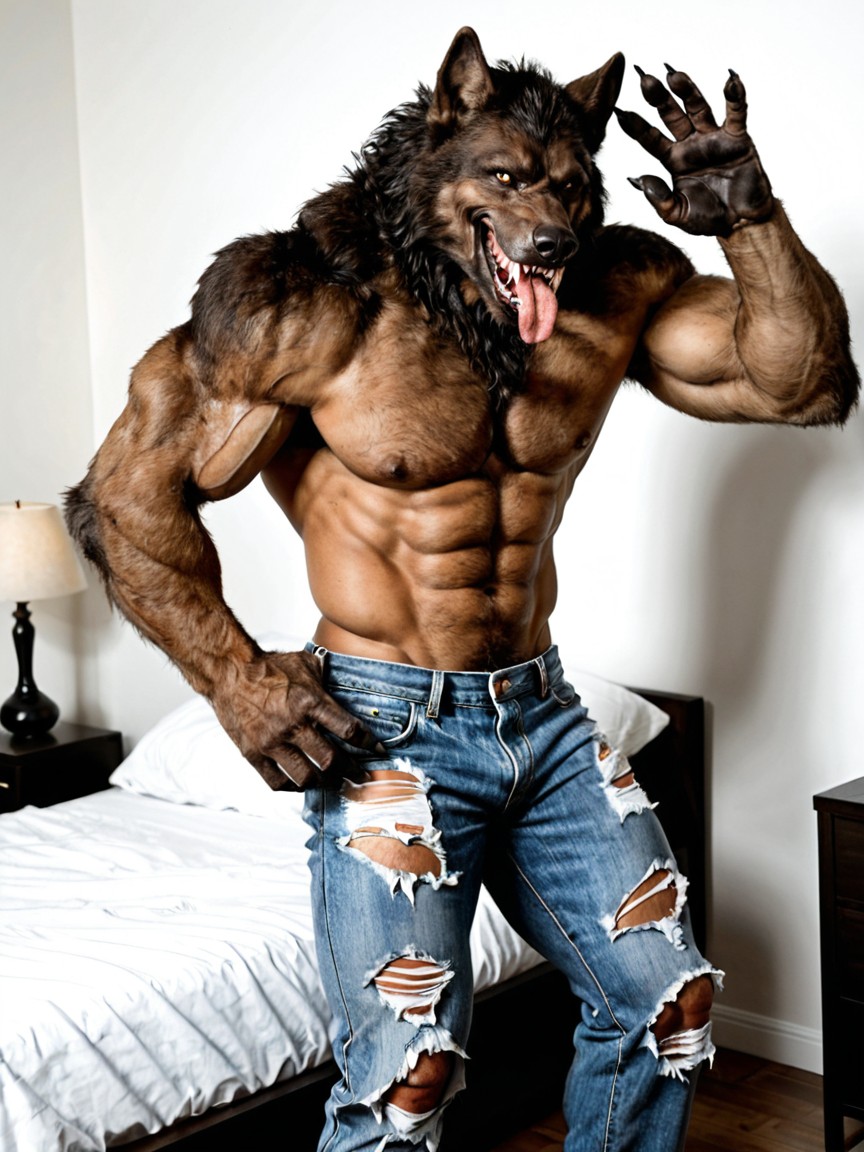 Werewolf Smiling Towards The Viewer, Intense Yellow Eyes, Noche Porno gay IA