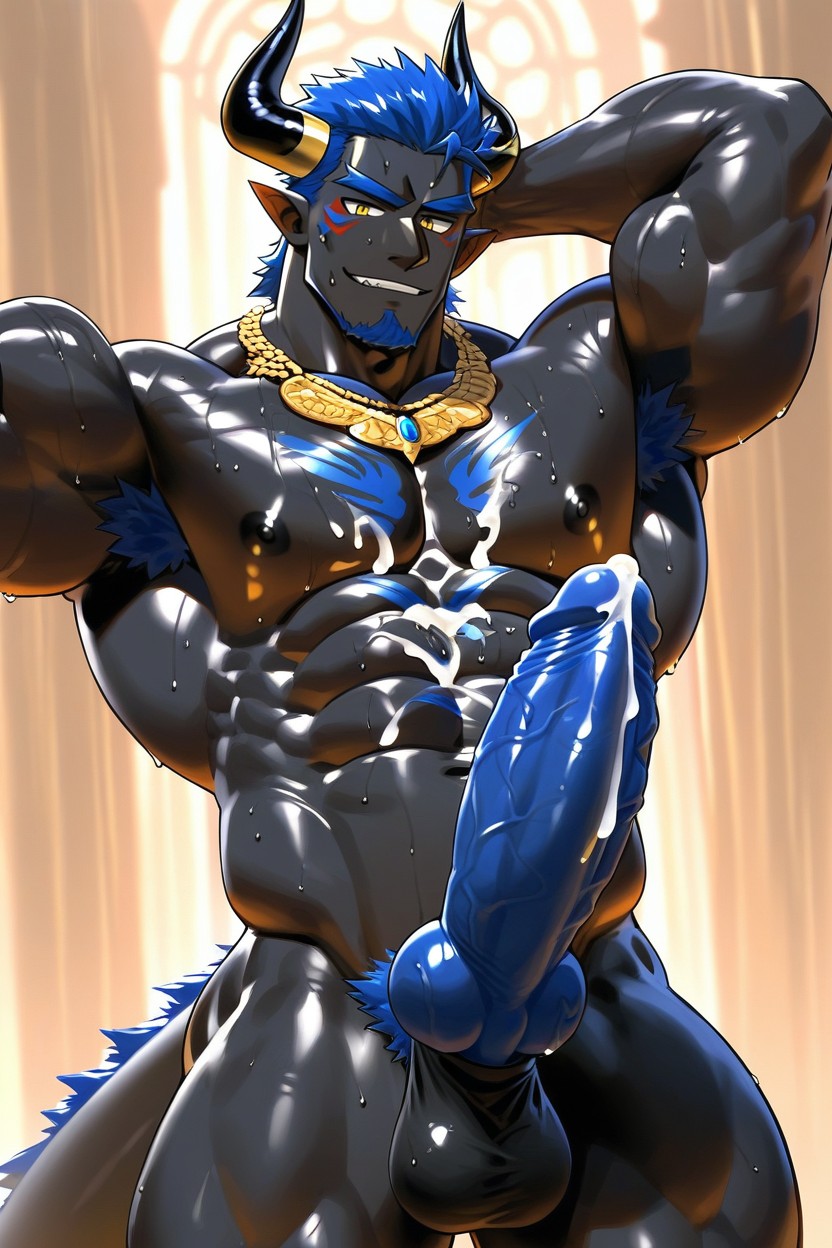 Gold Jewelry On Arms, Glowing Penis, Glowing Blue Armpit Hair AI Gay Porn