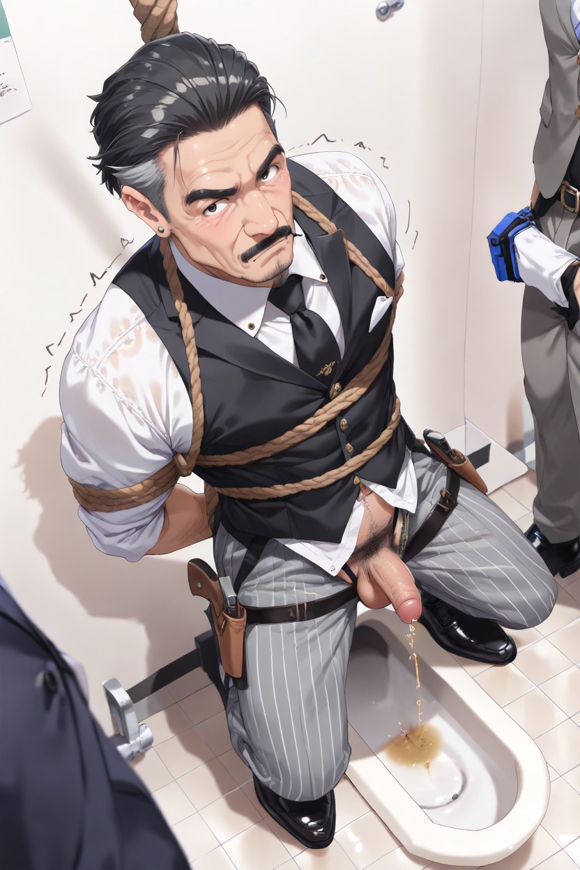 Urinating Urine, Black Mustache Stubble, Masculine Nose AI Gay Porn